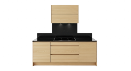 Modern kitchen cabinetry with integrated range hood and integrated appliances view illustration