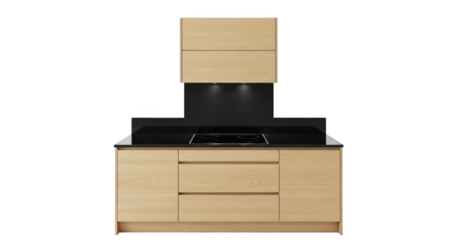 Modern kitchen cabinetry with integrated range hood and integrated appliances view illustration