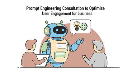 A friendly robot consults with two individuals, offering insights and solutions to enhance user engagement for business success and growth.