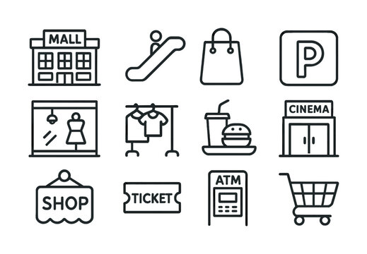 Mall icon set featuring shopping, dining, atm, parking, cinema, and more elements
