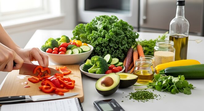 Person chopping fresh red bell pepper on a wooden cutting board with a variety of healthy vegetables and ingredients on a kitchen counter, preparing a nutritious meal. - Powered by Adobe