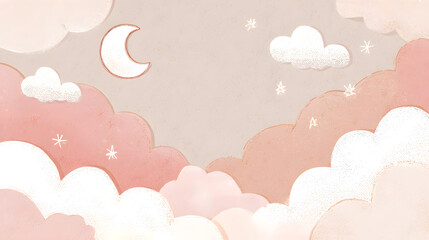 Minimalist kids nursery background, soft pastel gradient (beige, cream, blush), cute cloud and moon doodles, thin white border, modern aesthetic wall art style.