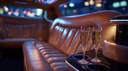 Two champagne flutes sparkle on a limousine bar as soft lighting and blurred city bokeh create a romantic, luxurious celebration scene for special occasions and vip nights