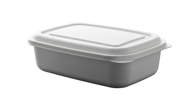 Closed white rectangular foam food container isolated on black studio background ready for packaging illustration