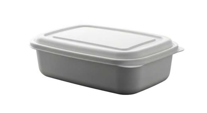 Closed white rectangular foam food container isolated on black studio background ready for packaging illustration