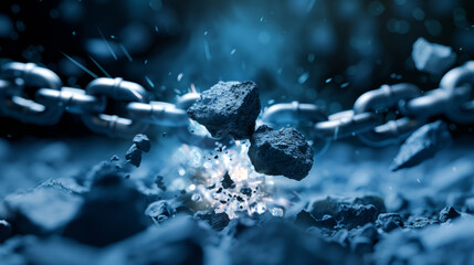 Chains breaking under intense pressure with flying debris captured in dramatic blue light