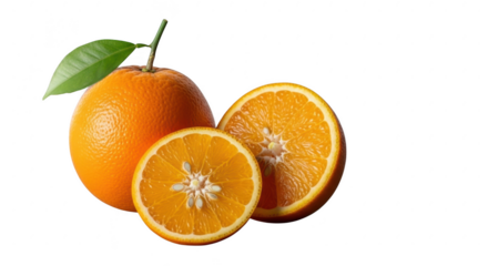 Fresh oranges one whole and two halves with green leaf vivid citrus fruit illustration