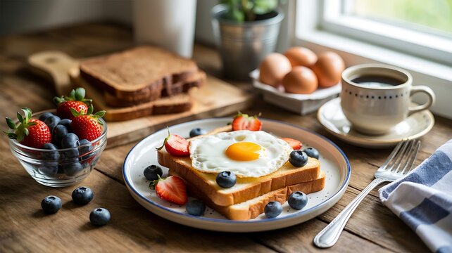 Healthy breakfast with toast fried egg berries and coffee on wooden table
