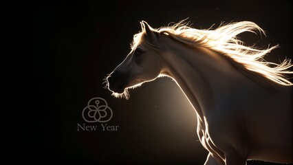 Silhouette of a white horse with flowing mane celebrating New Year