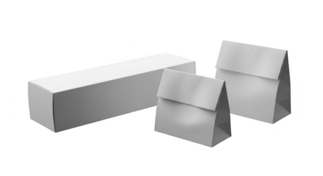 Three plain white paper bags and boxes displayed together for packaging solutions illustration