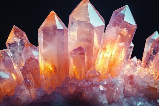Mesmerizing cluster of glowing pink and orange crystals with sharp facets, radiating warm light against a dark background, showcasing their natural beauty.