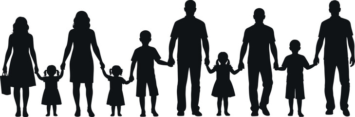 Family unity, people silhouette, holding hands, community bond, togetherness, parent child, social support, group harmony, flat vector illustration