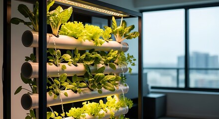 Indoor Hydroponic Garden with Lush Green Plants Growing Under LED Lights in a Modern Apartment Setting.