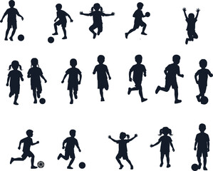 Children playing soccer, kids silhouette, football activity, running motion, kicking ball, sports fun, outdoor energy, flat vector illustration