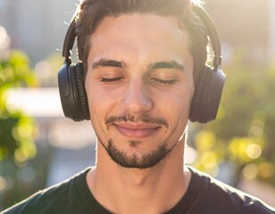 Content young man enjoying his favorite music outdoors with wireless headphones, eyes closed in blissful relaxation