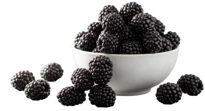 Delicious fresh blackberries piled high in a white bowl photographed in high definition illustration