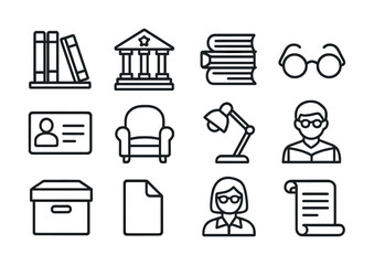 Library icons set: books, building, glasses, id card, chair, lamp, people, scroll