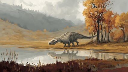 Ancient ankylosaurus dinosaur drinks water by a lake in autumn forest landscape