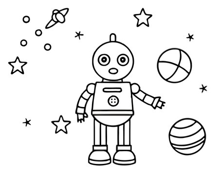 Whimsical hand drawn outline illustration of a friendly robot with stars and planets in outer space