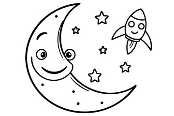 Obraz premium Whimsical cartoon crescent moon with a happy face and a playful rocket ship flying among stars
