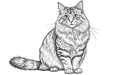 Black and white illustration of a fluffy, seated cat