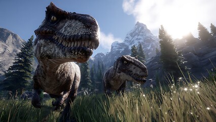 Two tyrannosaurus rex dinosaurs walking through a sunlit forest with tall grass