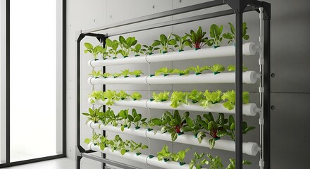 Indoor Vertical Hydroponic Garden with Lush Green Plants Growing in a Modern Urban Setting.