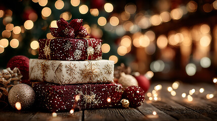 A festive pile of red and gold presents arranged neatly under a sparkling Christmas tree, surrounded by ornaments and string lights. 