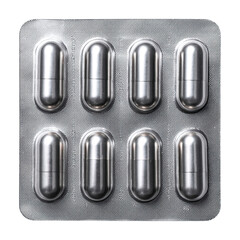 Close up photograph of pharmaceutical capsules in blister pack against Transparent Background