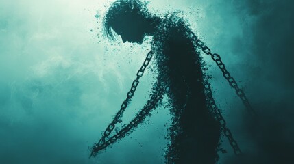Silhouette of a person breaking free from chains against a mystical backdrop