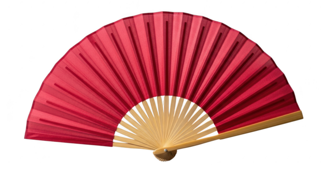 Vibrant red folding hand fan with natural wood handle isolated illustration
