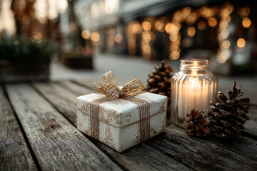 A beautifully wrapped gift box with a golden ribbon placed on a cozy wooden table beside a glowing candle and pinecones. 