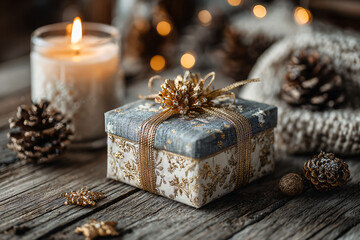 A beautifully wrapped gift box with a golden ribbon placed on a cozy wooden table beside a glowing candle and pinecones. 
