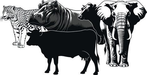 eopard, hippopotamus, cow, elephants, vector animal illustration, black silhouette, wildlife mix, artistic design, nature diversity, graphic composition