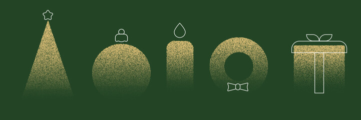 Silhouette from dots or noise christmas tree, ball, toy, candle, wreath, gift box. Set elements for winter holidays in minimal style. Modern vector illustration.