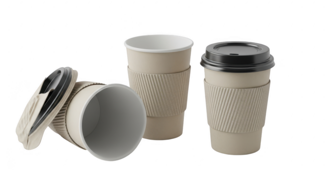 Disposable paper coffee cups with lids and sleeves ready for your favorite beverage illustration