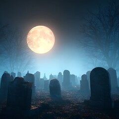 Dramatic Halloween Graveyard Scene Glowing Full Moon Night Fog