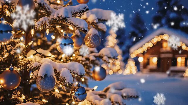 Christmas tree with ornaments and twinkling lights stands tall in front of a cozy cabin amidst a serene snowy landscape, perfectly capturing the concept of holiday cheer and warmth.