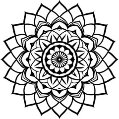 Intricate black and white mandala design with repeating geometric patterns and floral motifs