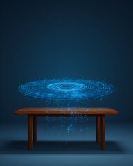Wooden table with futuristic holographic blue light projection for product display background