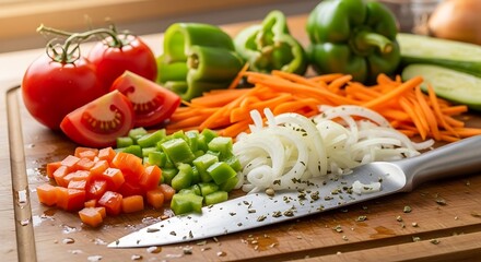 Freshly Chopped Vegetables on a Wooden Cutting Board with a Knife.
