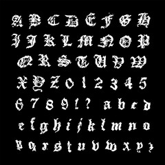 A complete Gothic-style blackletter font set featuring uppercase and lowercase letters A–Z, numbers 0–9, and punctuation marks.