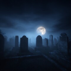 Dark Foggy Cemetery Under Full Moon Eerie Night Atmosphere