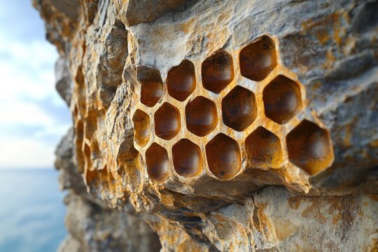 Close-up of weathered rock with intricate honeycomb-like hexagonal patterns, featuring natural erosion and earthy tones against a blurred ocean background.