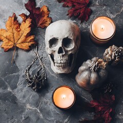 Gothic Halloween Still Life Skull Autumn Leaves Candles Flat Lay