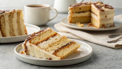 A delicious slice of milk cake with caramel layers on a plate