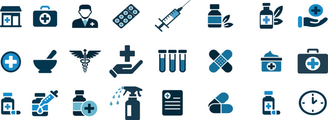 Collection of medical and healthcare icons in blue and black