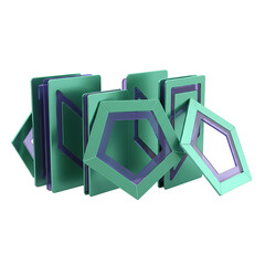 Stunning 3D geometric pentagons in vibrant green and purple create a modern, elegant display, perfect for adding a touch of sophistication and style to your project