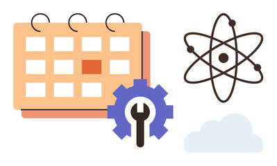 Calendar with a red date, gear with wrench, atom icon, and cloud shape. Ideal for scheduling, teamwork, innovation, science, productivity organization and cloud computing concepts in a simple flat