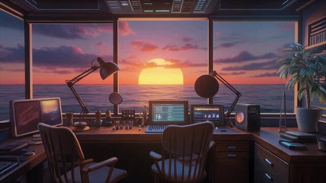 Radio studio with ocean view at sunset from the window, for Lofi music background. 